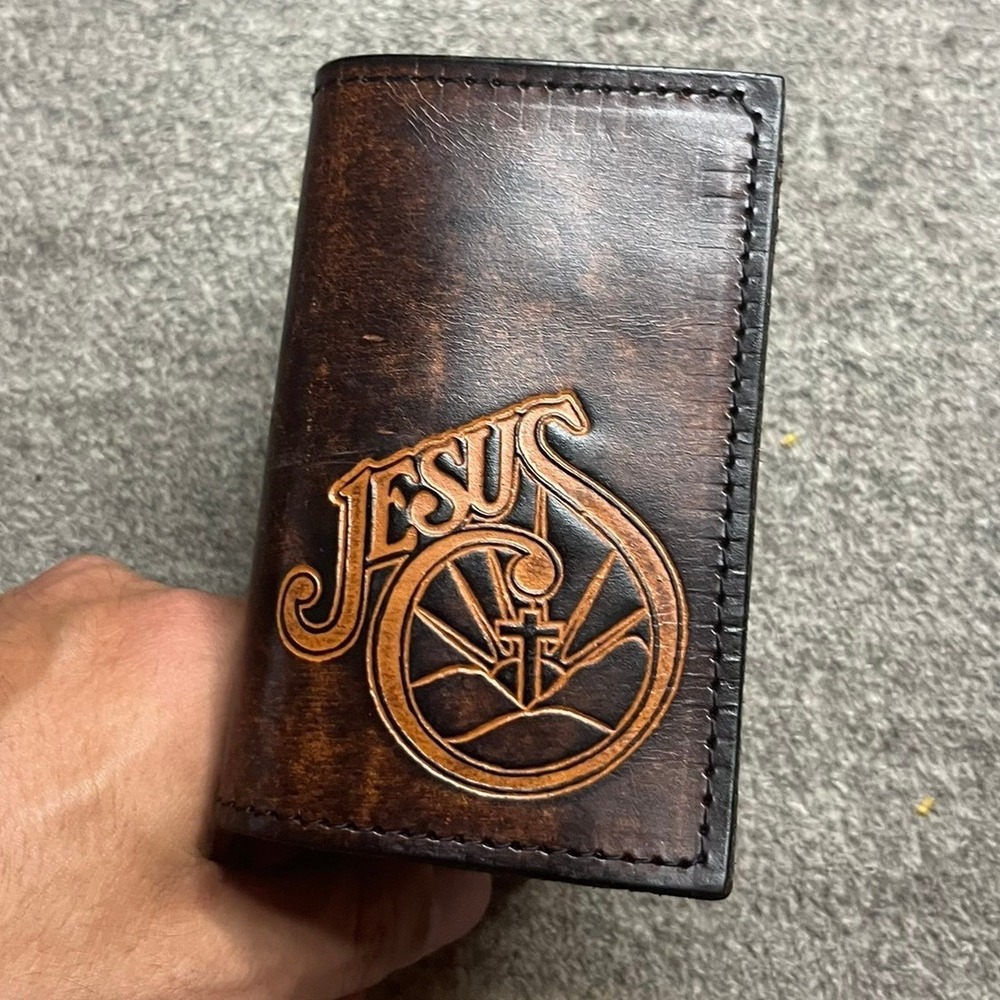 Vintage Brown Leather Trifold Wallet Embossed Jesus Religious Cross Graphic